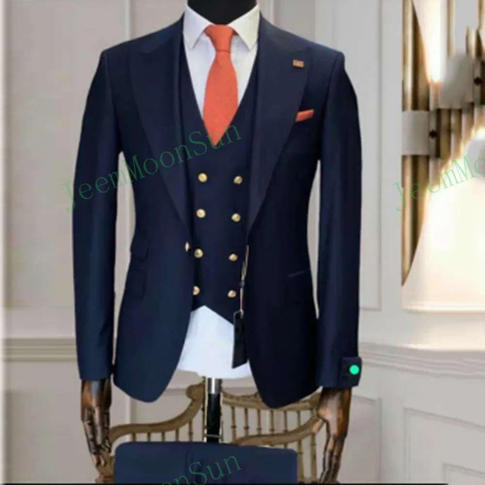 Color: Navy Blue, Size: XS, Ships From: CHINA - 3 Pieces New White Men's Suit 2022  Peak Lapel Slim Fit Casual Tuxedos Groom Tailor Made Terno Masculino (Blazer+Pants+Vest)