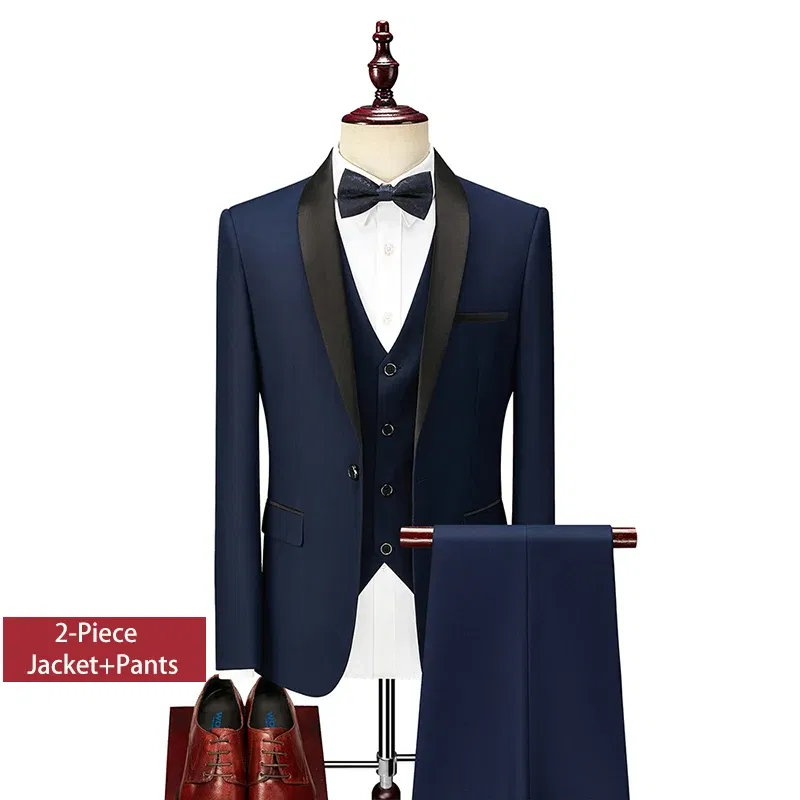 Color: Navy Blue, Size: XXXL - Shenrun Men Tuxedo Slim Fit Fashion Suit Wedding Shawl Lapel 3 Pieces Skinny Single Breasted Jacket Party Prom Singer Costume