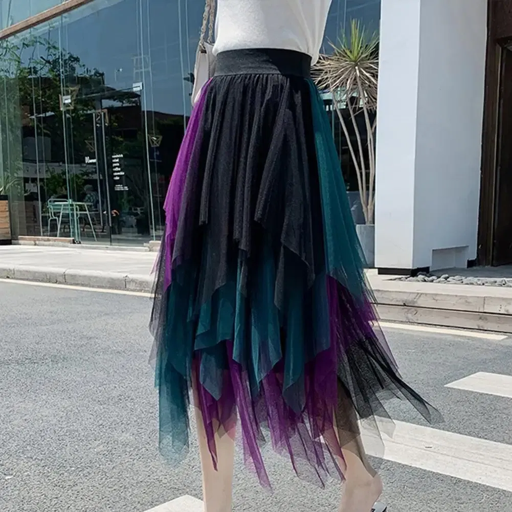 Color: Blue, Size: L - 2025 Irregular Mesh Women Skirt High Elastic Waist Colorful Mesh Multi-layered Soft Mid-calf Length Pleated Women Midi Skirt