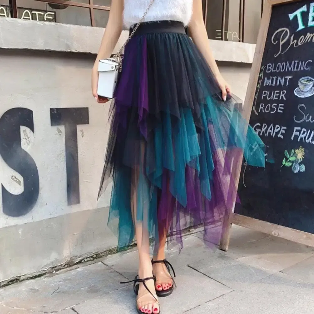 Color: Blue, Size: L - 2025 Irregular Mesh Women Skirt High Elastic Waist Colorful Mesh Multi-layered Soft Mid-calf Length Pleated Women Midi Skirt