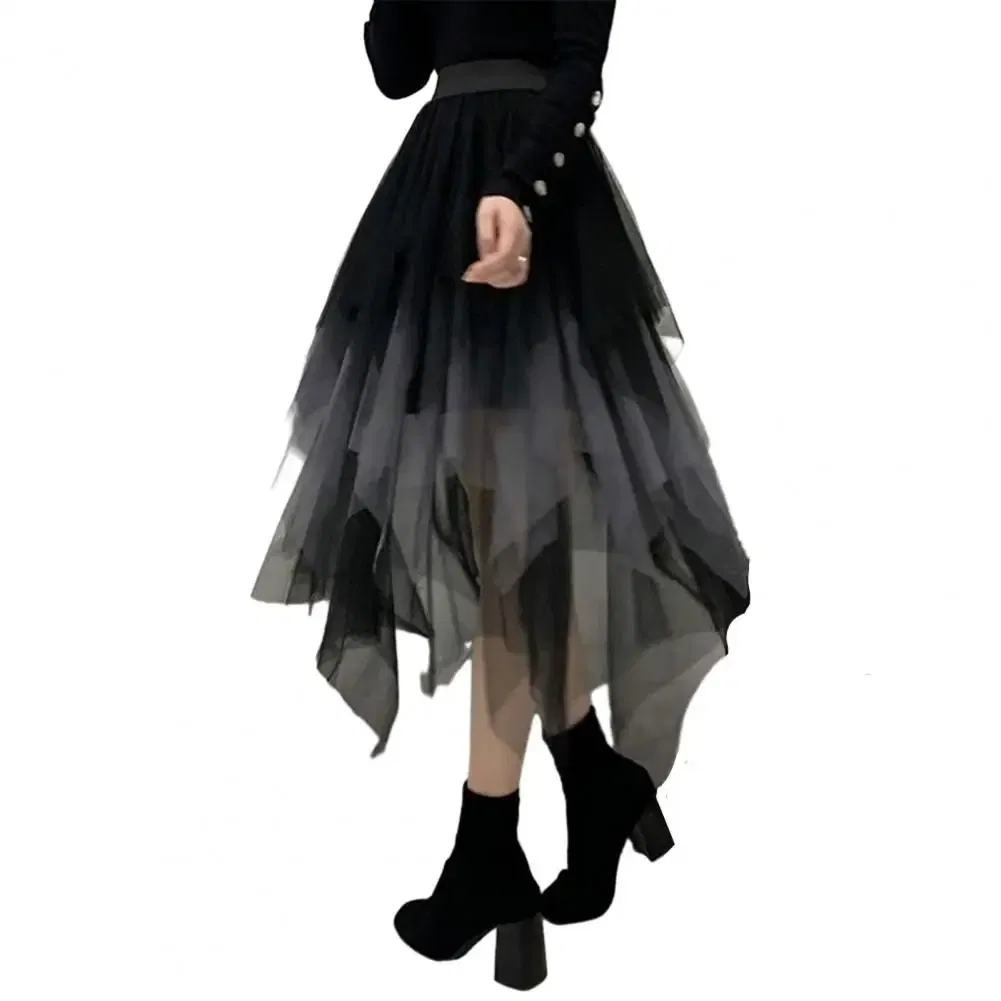 Color: Blue, Size: L - 2025 Irregular Mesh Women Skirt High Elastic Waist Colorful Mesh Multi-layered Soft Mid-calf Length Pleated Women Midi Skirt