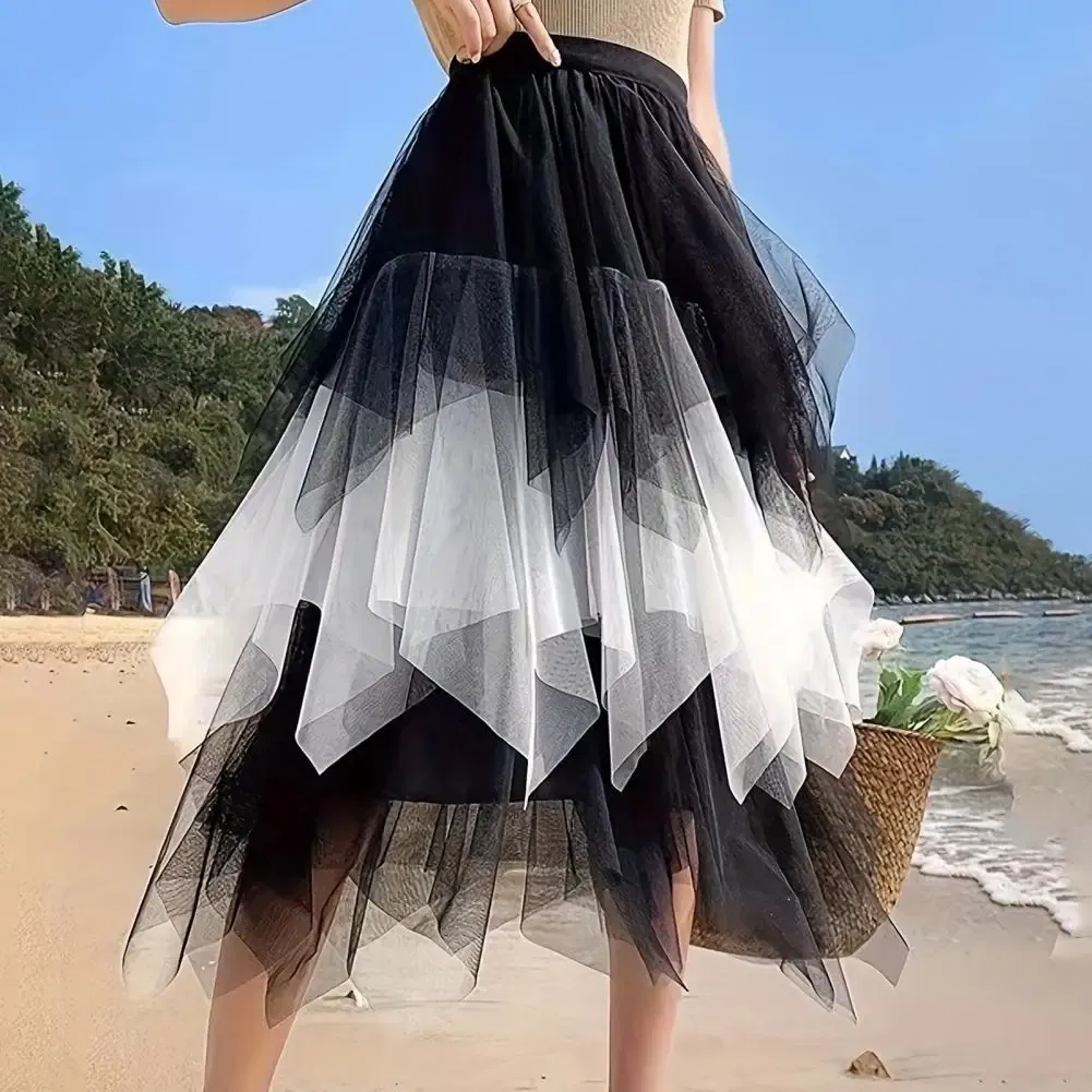 Color: Blue, Size: L - 2025 Irregular Mesh Women Skirt High Elastic Waist Colorful Mesh Multi-layered Soft Mid-calf Length Pleated Women Midi Skirt