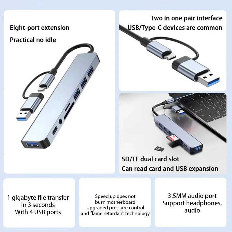8 In 2 USB HUB With Splitter Card Reader, USB C Port, USB 3.0 / 2.0, SD/TF Splitter Card Reader, Docking Station New