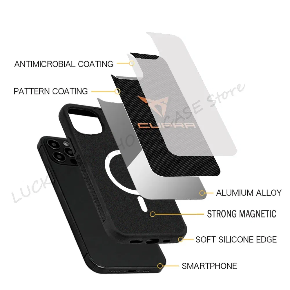 Color: Beige, Material: Microfiber - Cool Phone Case Phone Case Strong Magnetic Cupra Racing for IPhone 15 14 13 Pro Max 11 12 Mini for Magsafe