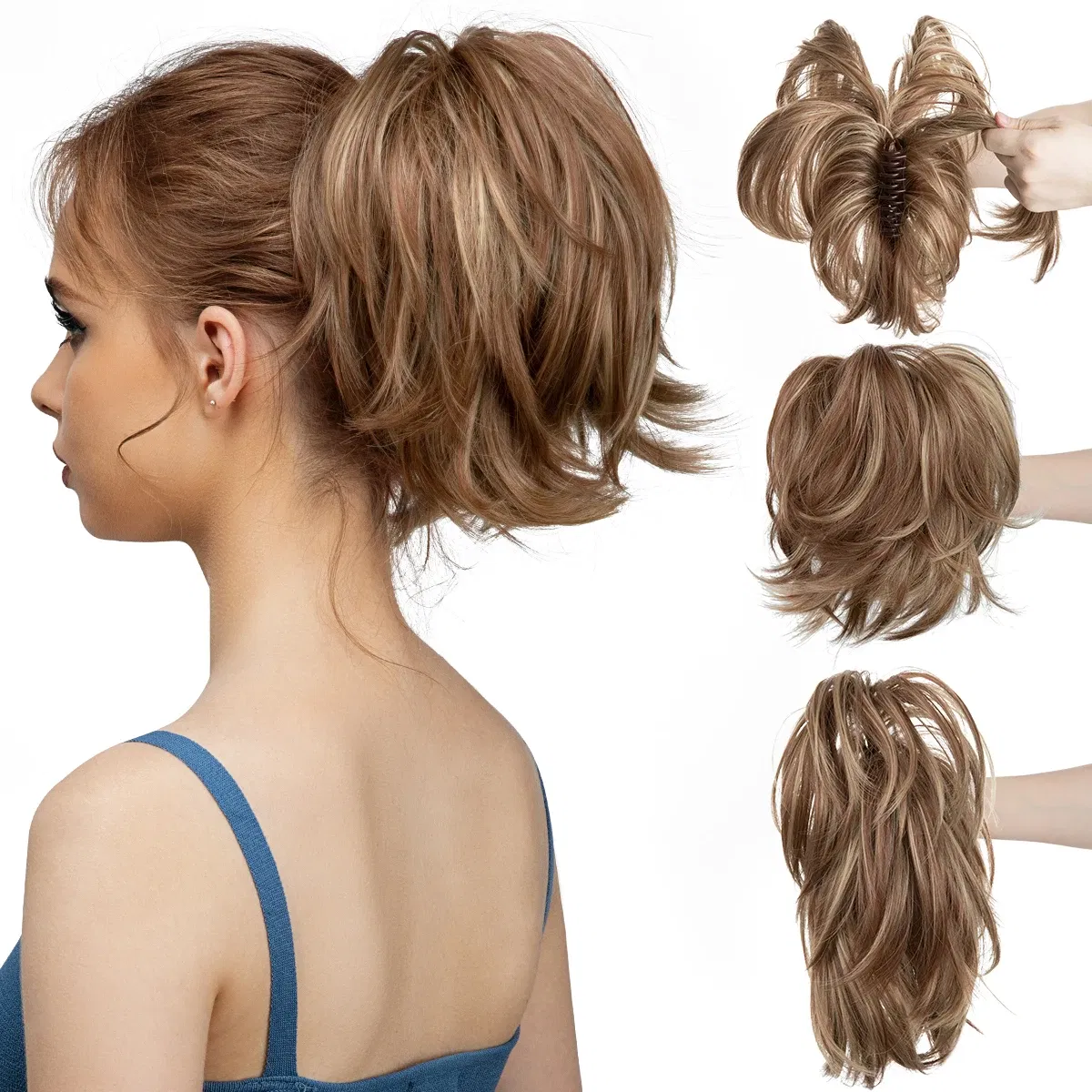 Color: Natural Color, Bulk Buy: 1pc - Synthetic Claw Clip In Ponytail Hair Extensions Diy Hairpiece Hair Bun  Fake Blonde Hair False Pigtail for Women