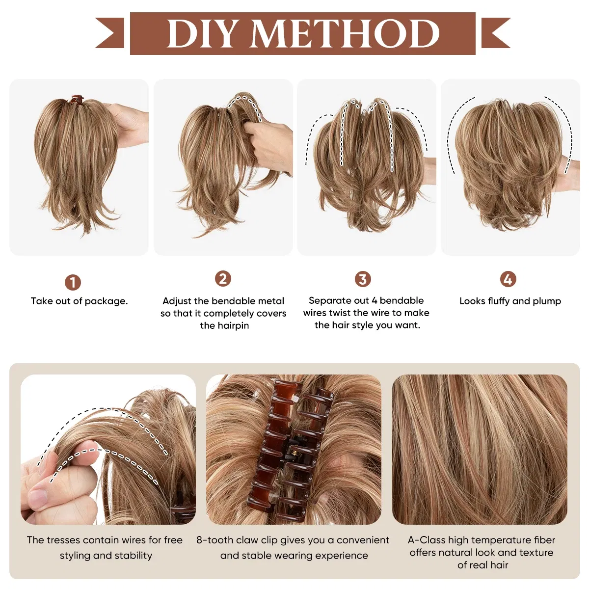 Color: Natural Color, Bulk Buy: 1pc - Synthetic Claw Clip In Ponytail Hair Extensions Diy Hairpiece Hair Bun  Fake Blonde Hair False Pigtail for Women