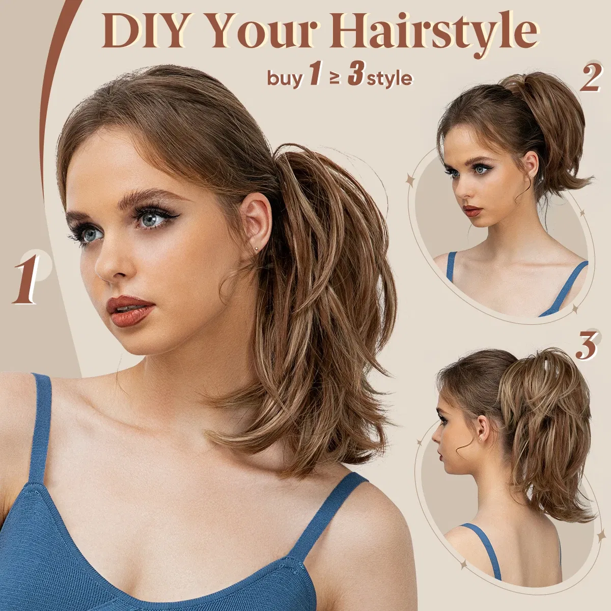 Color: Natural Color, Bulk Buy: 1pc - Synthetic Claw Clip In Ponytail Hair Extensions Diy Hairpiece Hair Bun  Fake Blonde Hair False Pigtail for Women