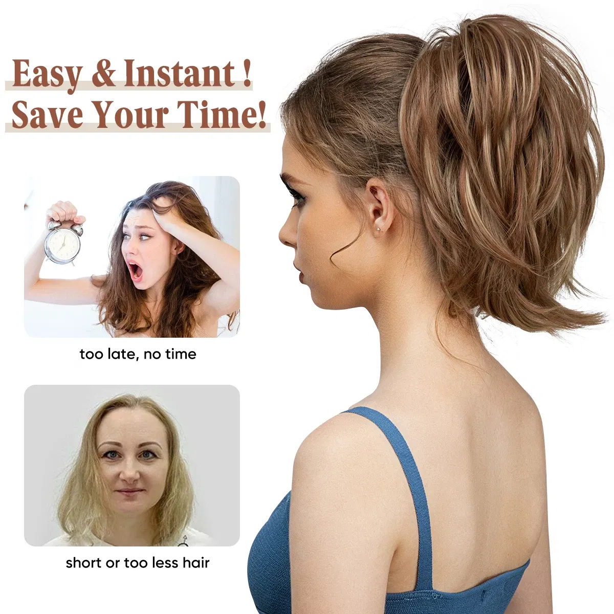 Color: Natural Color, Bulk Buy: 1pc - Synthetic Claw Clip In Ponytail Hair Extensions Diy Hairpiece Hair Bun  Fake Blonde Hair False Pigtail for Women