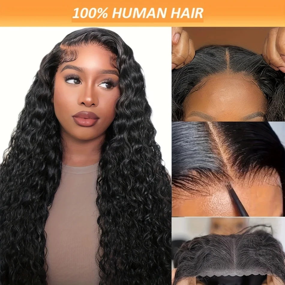 Stretched Length: 8inches, Hair Color: #12, Density: 200%, Ships From: CHINA - Glueless Wig Human Hair Ready To Wear Water Wave Lace Front Wig 4x4 5x5 Lace Closure Black Wig Curly HD Lace Frontal Human Hair