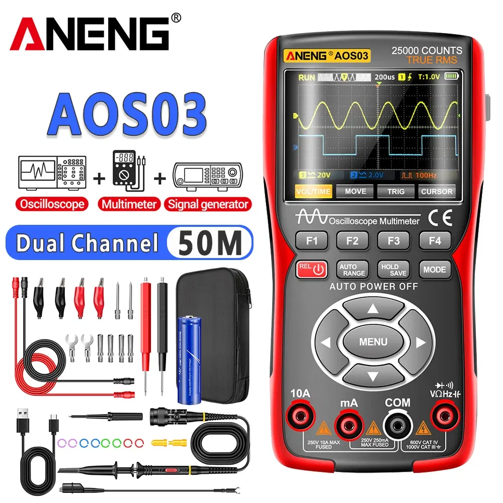 Color: Red - ANENG AOS03 Oscilloscope Multimeter Signal Generator Waveform Output Handheld Battery  LCD Screen Display Multimeter