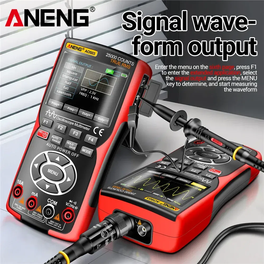 Color: Red - ANENG AOS03 Oscilloscope Multimeter Signal Generator Waveform Output Handheld Battery  LCD Screen Display Multimeter