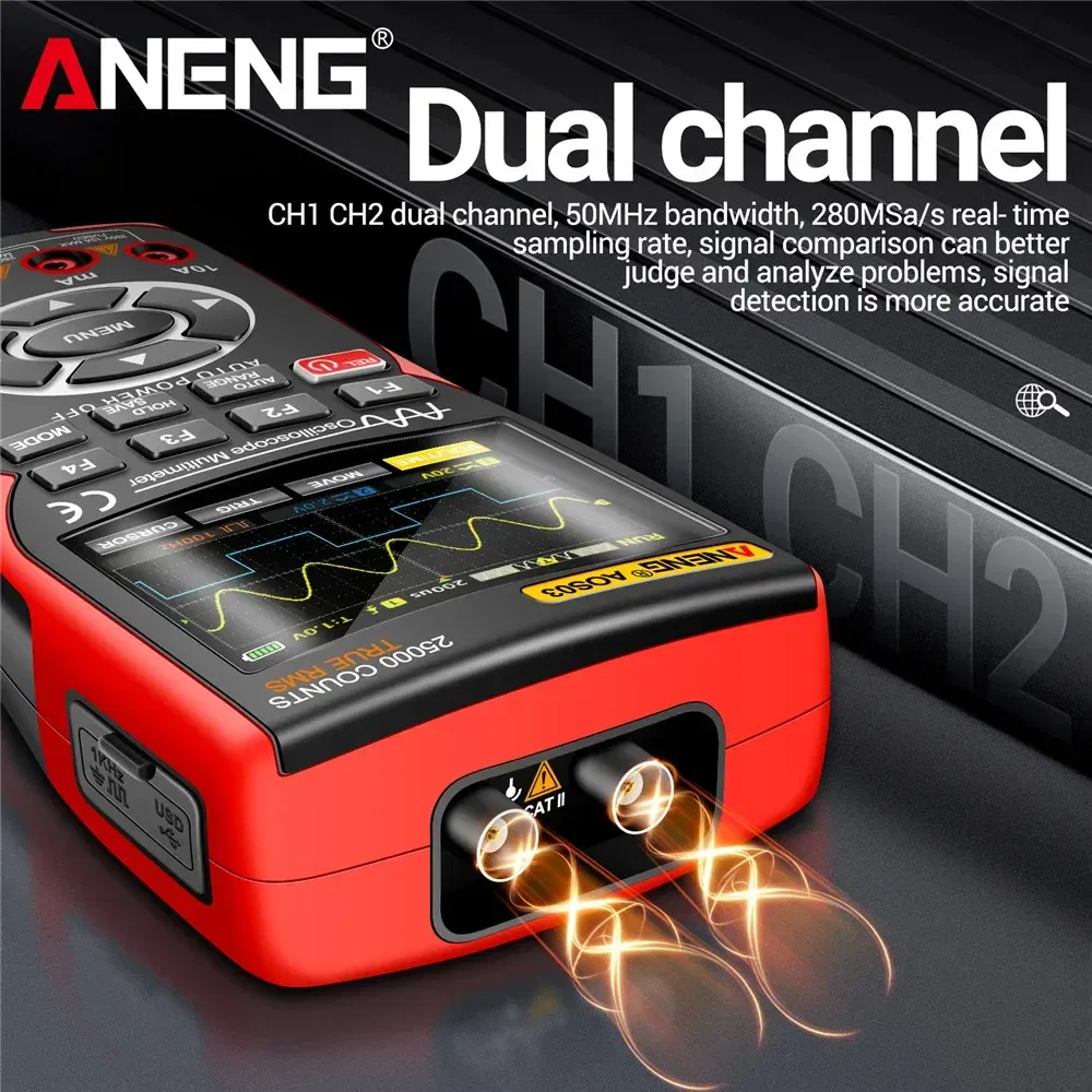 Color: Red - ANENG AOS03 Oscilloscope Multimeter Signal Generator Waveform Output Handheld Battery  LCD Screen Display Multimeter