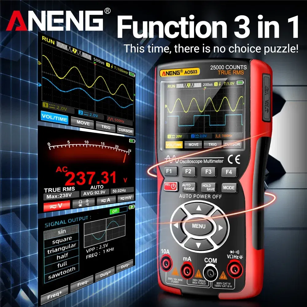 Color: Red - ANENG AOS03 Oscilloscope Multimeter Signal Generator Waveform Output Handheld Battery  LCD Screen Display Multimeter