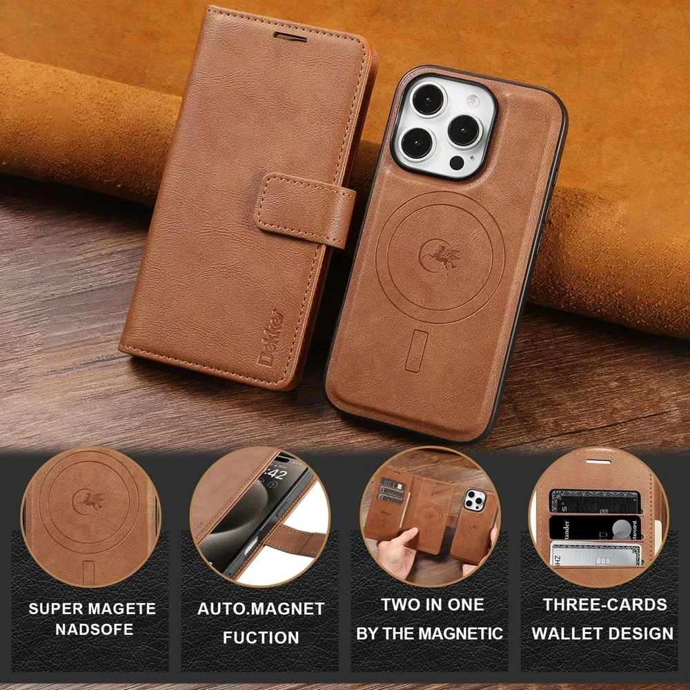 Color: Brown, Material: ABS - 2 in 1 MagSafe Wallet Case for IPhone 16 Promax 15 Plus 14 Pro Max 13 12 Iphone16 Magnetic Wireless Charging Phone Cover
