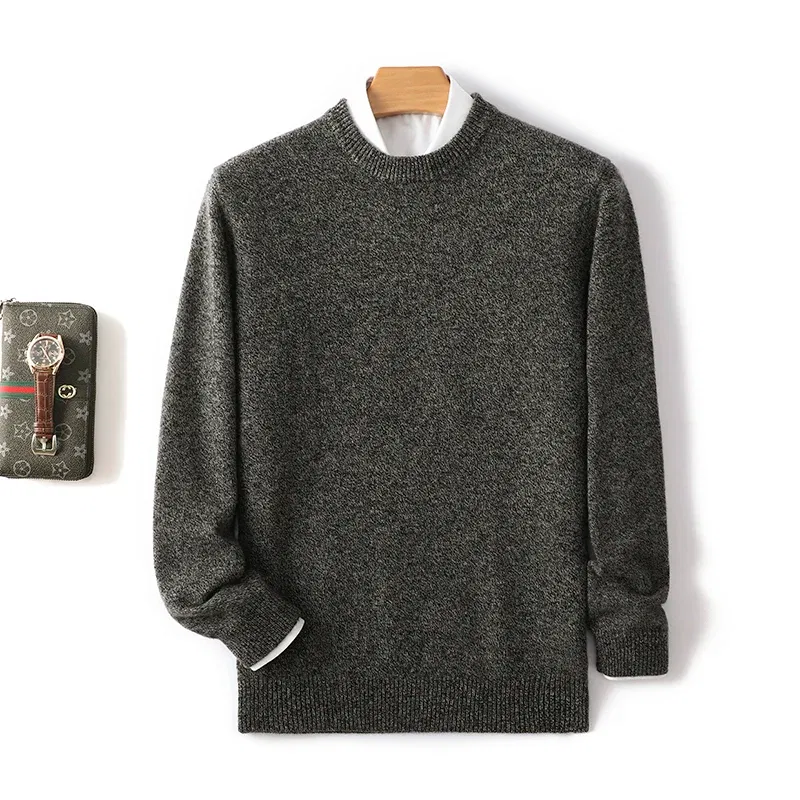Color: GRAY, Size: XL, Ships From: CHINA - Men's 100% Pure Wool Cashmere Sweater O-Neck Pullover Knit Sweater Autumn and Winter New Long Sleeve High-End Jumpers Thick Tops
