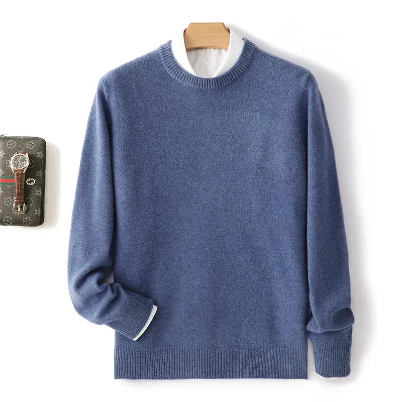 Color: GRAY, Size: XL, Ships From: CHINA - Men's 100% Pure Wool Cashmere Sweater O-Neck Pullover Knit Sweater Autumn and Winter New Long Sleeve High-End Jumpers Thick Tops