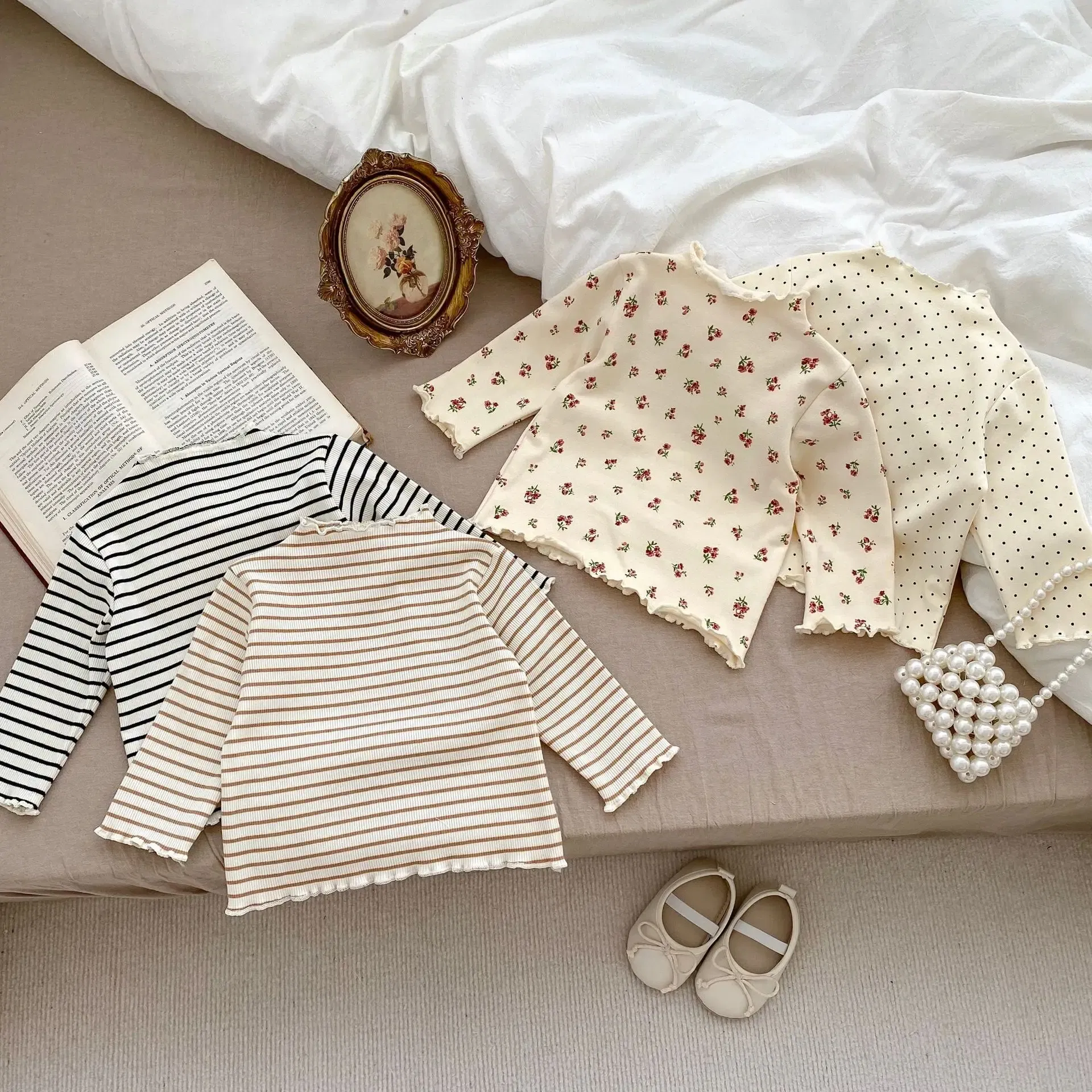 Color: Brown, Kid Size: 2T - New Baby Long Sleeve T Shirt Girls Cotton Casual Tees Infant Ruffled Versatile Shirts Kids Floral Striped Bottoming Tops