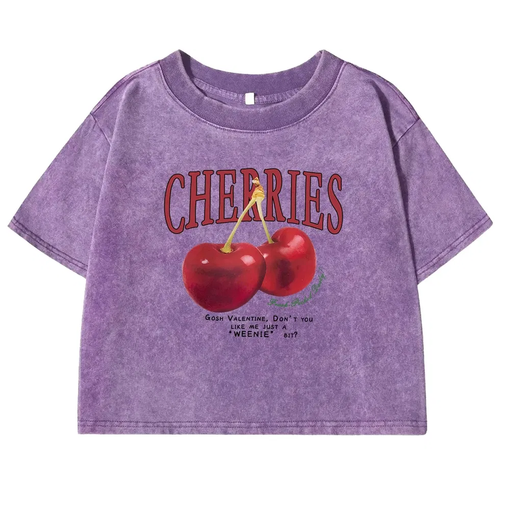 Color: GRAY, Size: M - Red Cherries Letter Printed Female T-shirt Fashion Summer Washed Clothing Casual Cotton Crop Top Retro Tee Shirts For Women