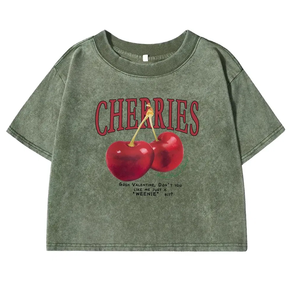 Color: GRAY, Size: M - Red Cherries Letter Printed Female T-shirt Fashion Summer Washed Clothing Casual Cotton Crop Top Retro Tee Shirts For Women