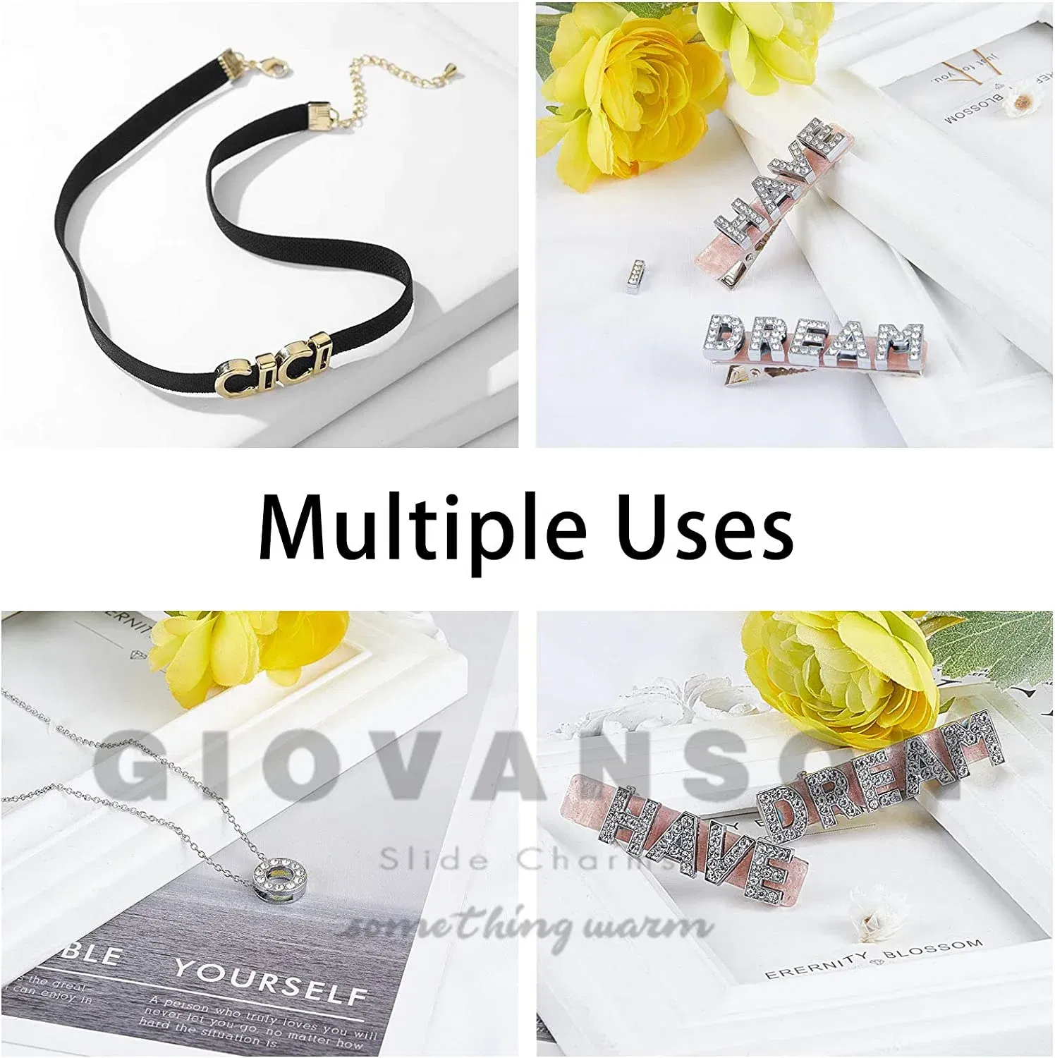 Color: Lemon yellow - Rhinestone Slide Charms Letters For Jewelry Making Women Bracelet 8mm Alphabet A-Z Pet Collar Necklace DIY Accessories Gift