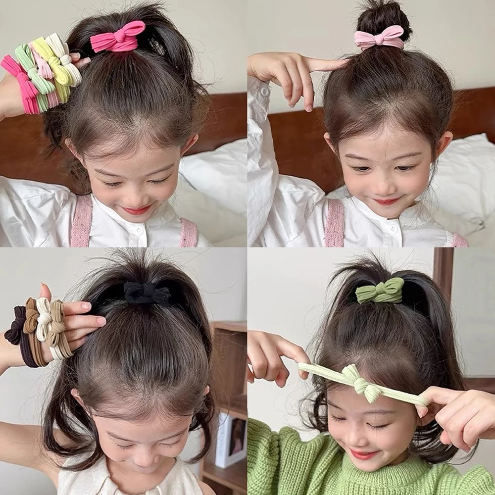 Color: black - 5pcs/Set Simple Bow Hair Ties Ropes Colorful Elastic Seamless Ponytail Holder Rubber Band For Toddler Girls