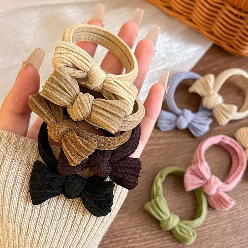 Color: black - 5pcs/Set Simple Bow Hair Ties Ropes Colorful Elastic Seamless Ponytail Holder Rubber Band For Toddler Girls
