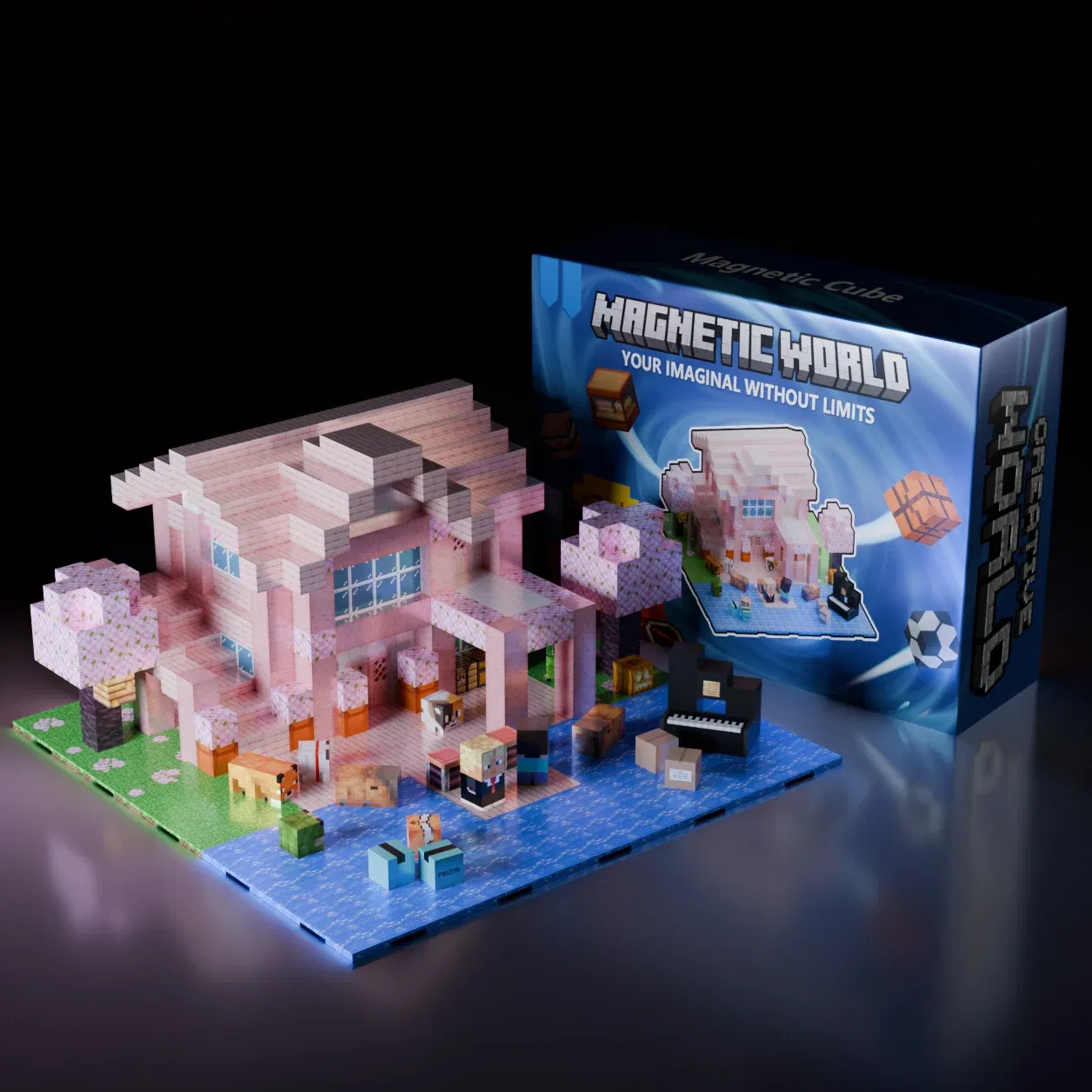 Color: Pink - Magnetic Building Blocks Mine World Magnet Cube Set for Boy Girl Kid Age 3+ DIY Pixel style Model Base plate STEM Toy Baseplate