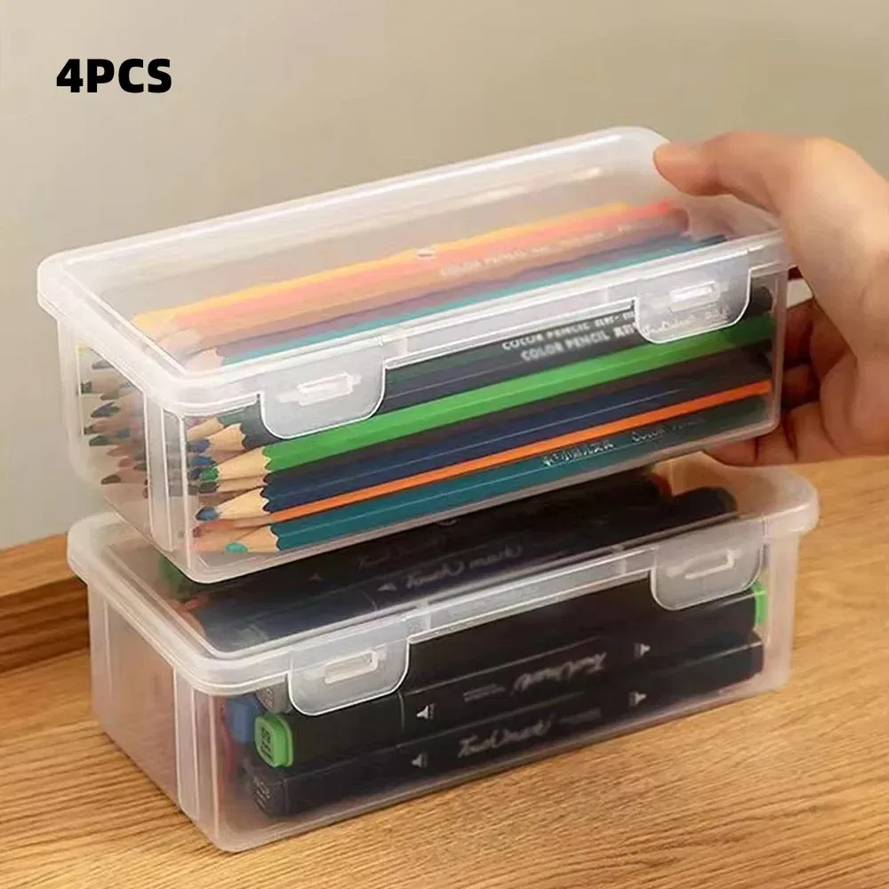 Color: Burgundy - 1/2/3/4pcs Plastic Translucent Pencil Case Large Capacity Pencil Boxes Portable Storage Organizer Box Student Office Supplies