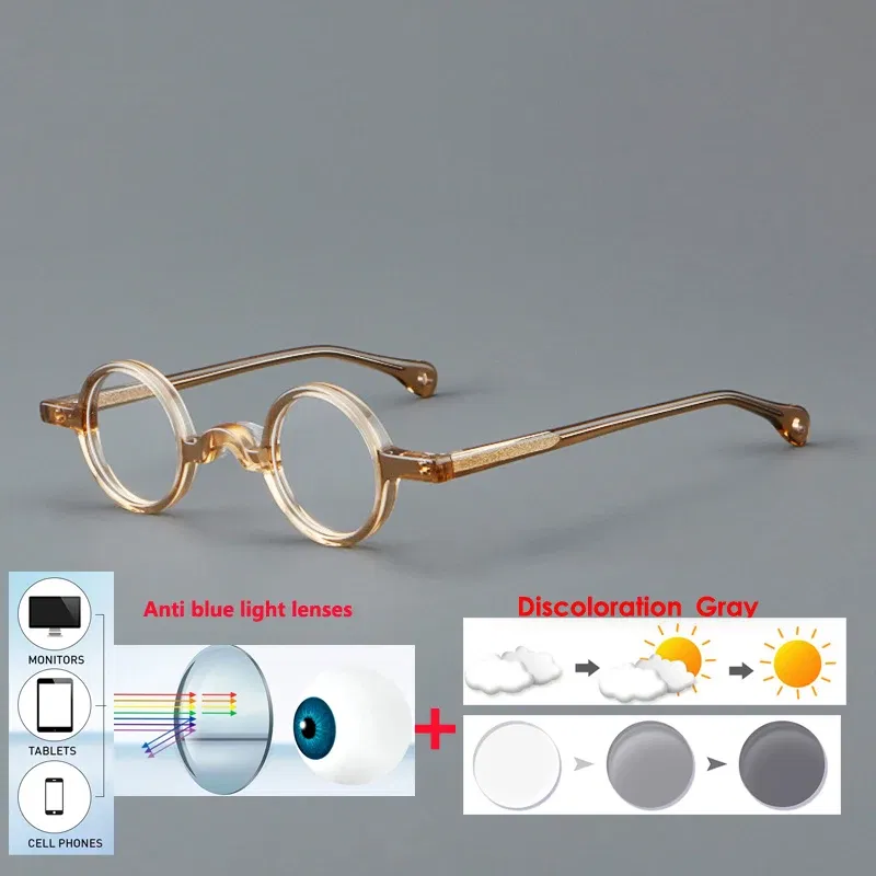 Frame Color: Ginger, Eye Prescription: +200 - VCKA Photochromic Acetate Myopia Glasses Men Retro Small Round Frames Women Custom prescription Anti-Blue  Eyewear -0.5 TO -10