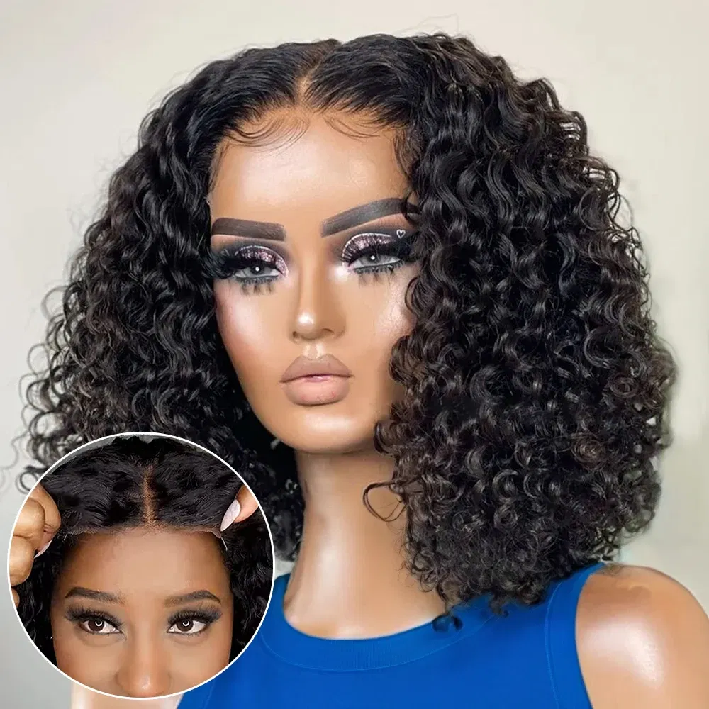 Hair Color: #1, Ships From: CHINA, Stretched Length: 16inches, Density: 150% - Water Wave Bob Wig Glueless Preplucked Human Wigs Ready To Go 13x4 Frontal Brazilian Wigs HD Transparent Lace Wig Deep Curls
