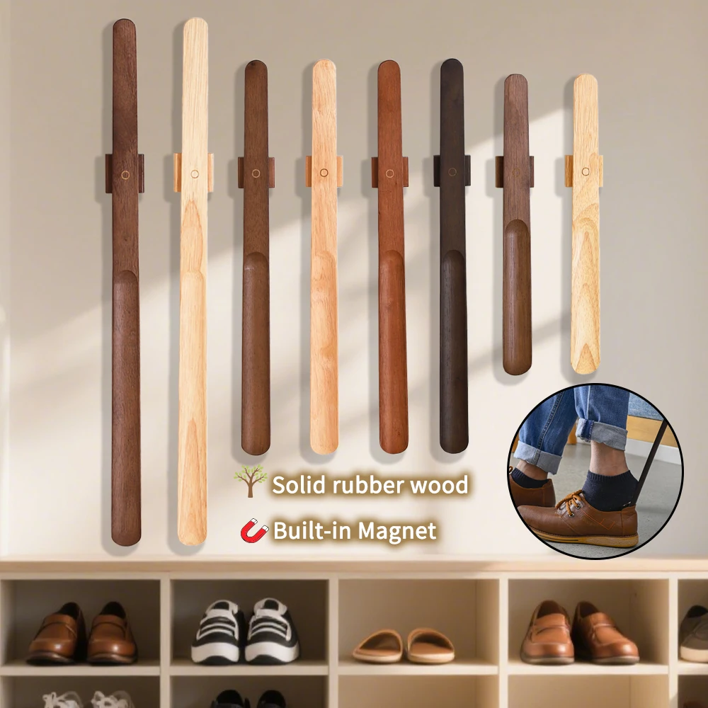 Color: Brown - 40/55/70cm Premium Rubber Wood Magnetic Shoe Horn - No Bending Needed, Elegant Shoe Helper