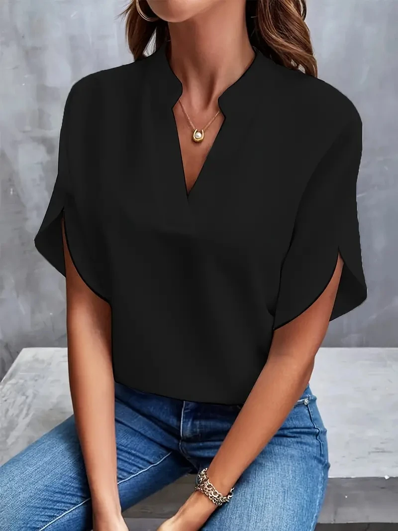 Color: Yellow, Size: L - Women Elegant Solid Chiffon Blouse Spring Summer Casual Long Sleeve V Neck Loose Shirt Office Lady Tunics Oversized Tops 2024