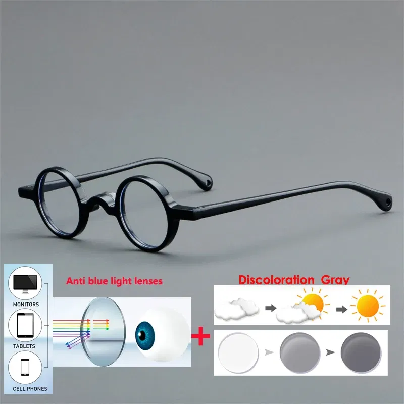 Frame Color: Black Green, Eye Prescription: +75 - VCKA Photochromic Acetate Myopia Glasses Men Retro Small Round Frames Women Custom prescription Anti-Blue  Eyewear -0.5 TO -10