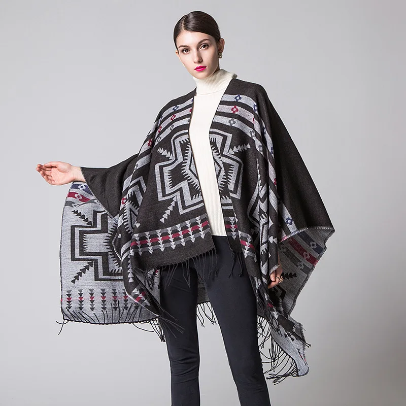 Color: black, Size: One Size, Ships From: CHINA - European American Popular Tassel Thickened Cashmere Like National Style Travel Fork Shawl Scarf in autumn Ponchos Capes
