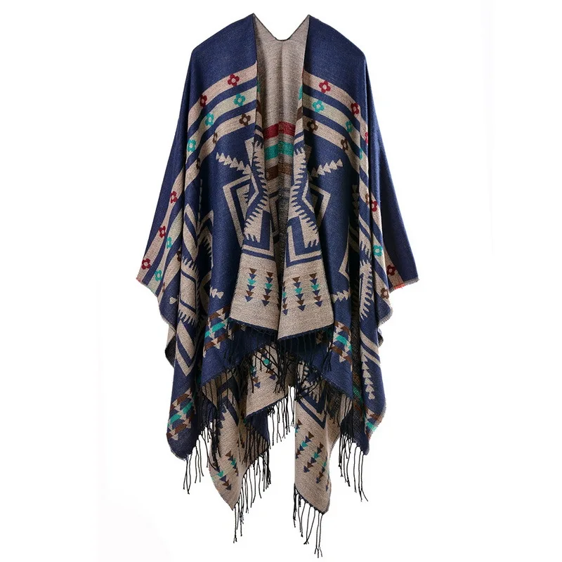 Color: black, Size: One Size, Ships From: CHINA - European American Popular Tassel Thickened Cashmere Like National Style Travel Fork Shawl Scarf in autumn Ponchos Capes