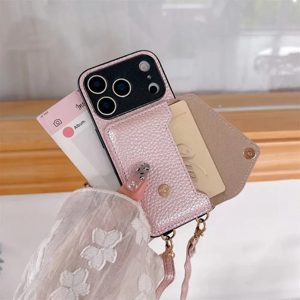 Material: Microfiber, Color: Beige - Crossbody wallet card holder phone case For iPhone 17Air 16, 15, 14, 13, 12, 11 Pro Max, XR with lanyard protective cover