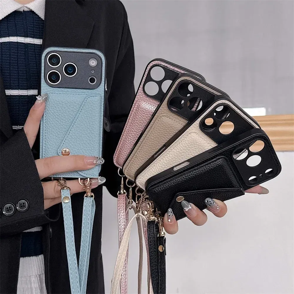 Material: Microfiber, Color: Beige - Crossbody wallet card holder phone case For iPhone 17Air 16, 15, 14, 13, 12, 11 Pro Max, XR with lanyard protective cover