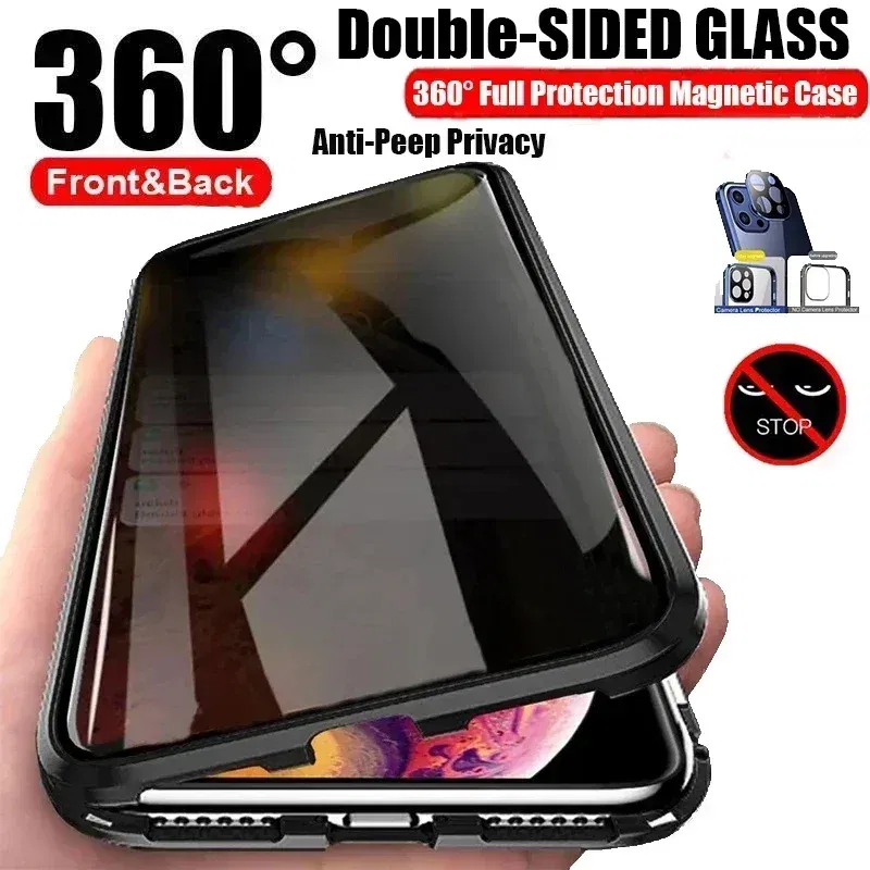 Color: Red, Material: TPU - Double-Sided Privacy Magnetic Case For iPhone 16 12 13 14 15 11 Pro Max 14 Plus 16 Plus Anti Peeping Full Cover Metal Frame Case