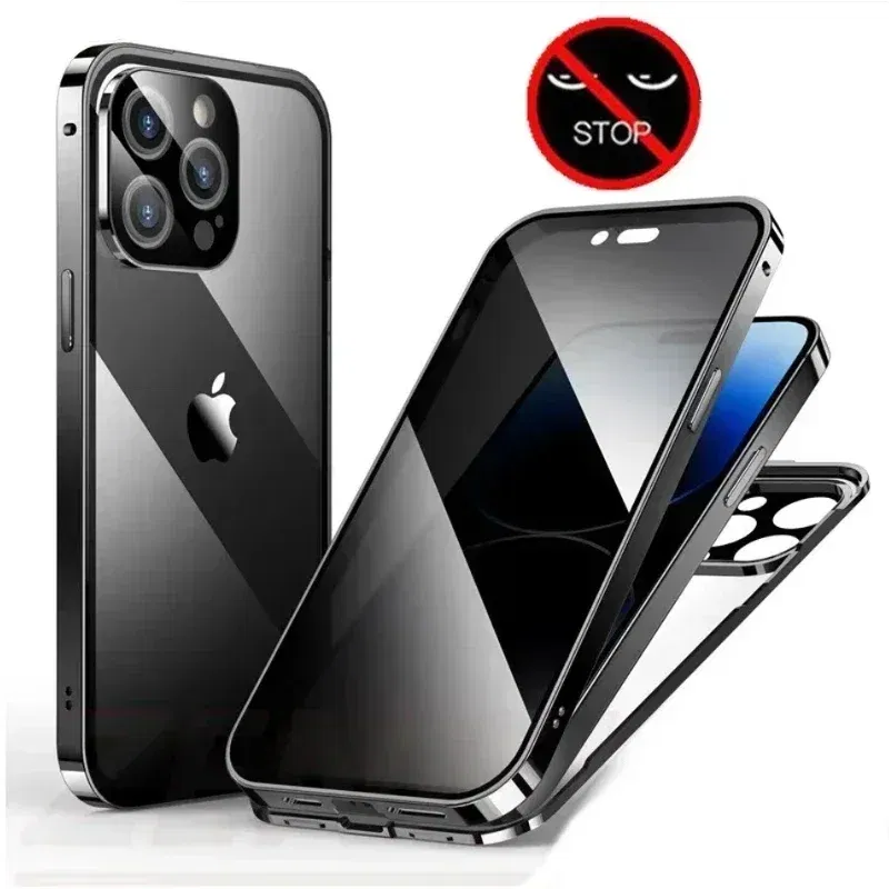 Color: Red, Material: TPU - Double-Sided Privacy Magnetic Case For iPhone 16 12 13 14 15 11 Pro Max 14 Plus 16 Plus Anti Peeping Full Cover Metal Frame Case