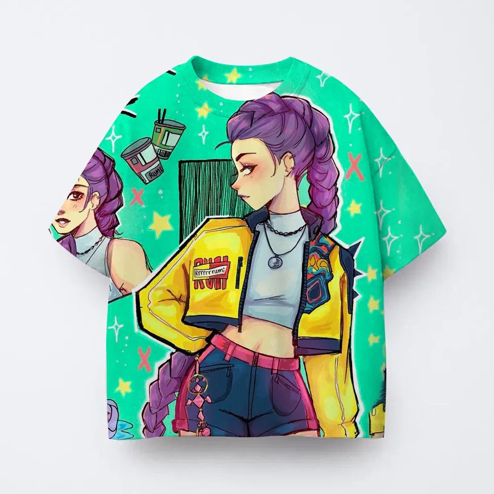 Color: Blue, Kid Size: 9 - Toddler Girl Clothes Kpop Demon Hunters Cartoon Tee Shirt Funny Gift for Fans Harajuku Cool Kids T-shirts Cotton Summer Tops
