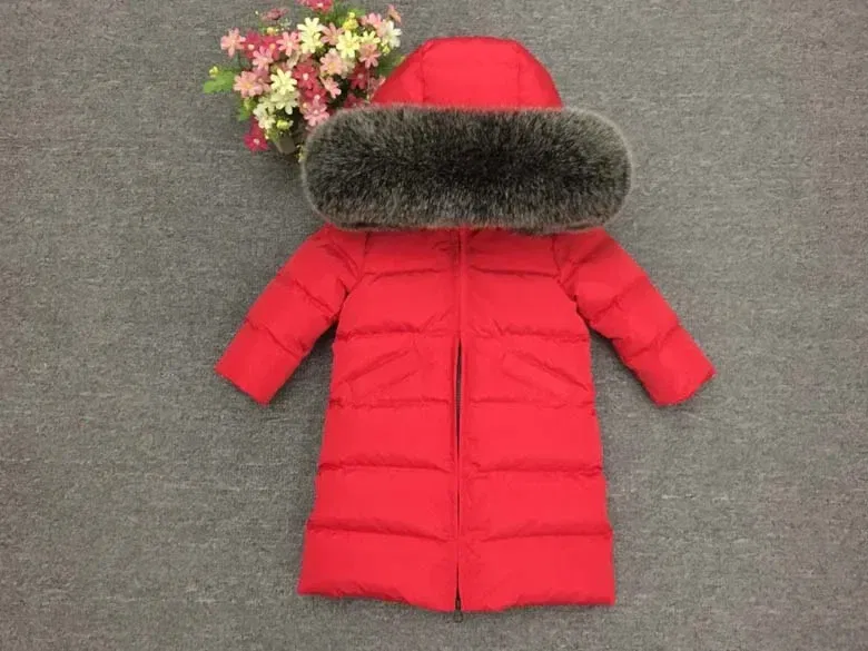 Color: Blue, Kid Size: 10 - Children Girl boy Winter real fur thickened down jackets 90 down Long Coat jacket overcoat baby kids clothing -30 outwear ws1245