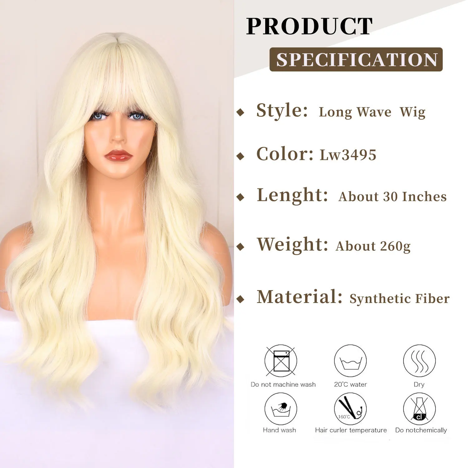 Color: P2/350 - Light golden synthetic wig with big waves for Halloween party, cosplay wig, everyday wig, high-temperature hair silk wig set