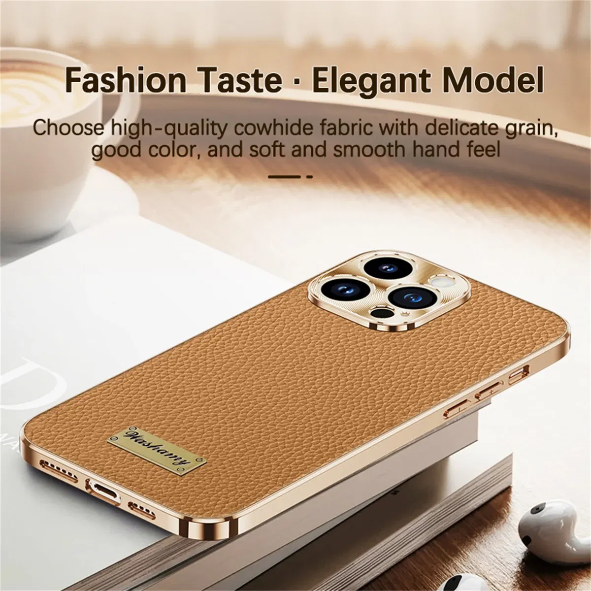 Color: Beige, Compatible-Phone Models: For iPhone 16 Pro Max - Luxury Genuine Leather Phone Case For iPhone 15 14 13 Pro Max Plating Soft Silicone Frame Shockproof Cover For iPhone 16 Pro Max