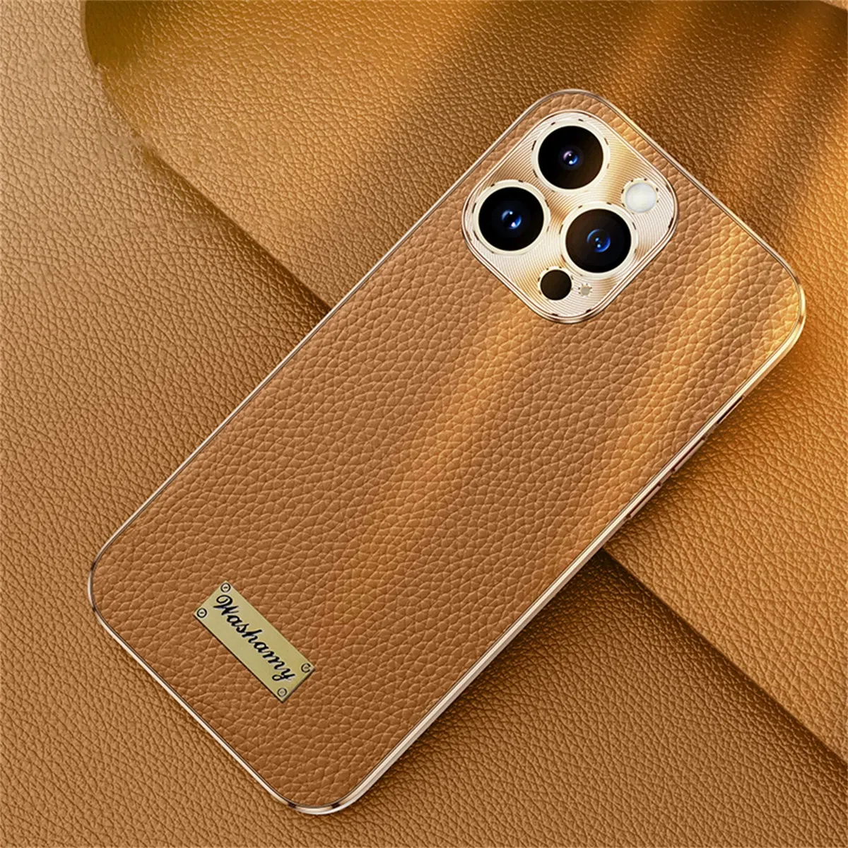 Color: Beige, Compatible-Phone Models: For iPhone 16 Pro Max - Luxury Genuine Leather Phone Case For iPhone 15 14 13 Pro Max Plating Soft Silicone Frame Shockproof Cover For iPhone 16 Pro Max