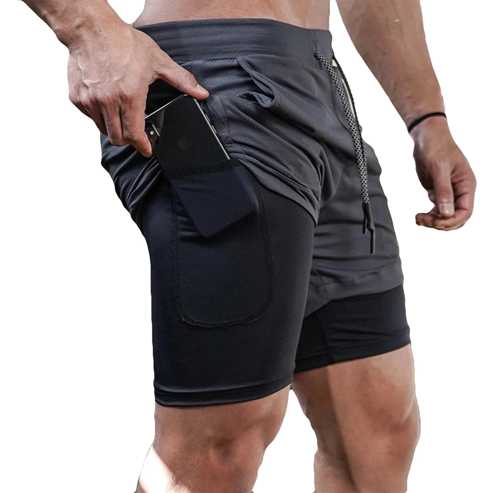 Color: Yellow, Size: L - Men's Double Layer Fitness Shorts Drawstring Mesh Lining Elastic Waist Breathable Quick Dry to Beach Pool Summer Male
