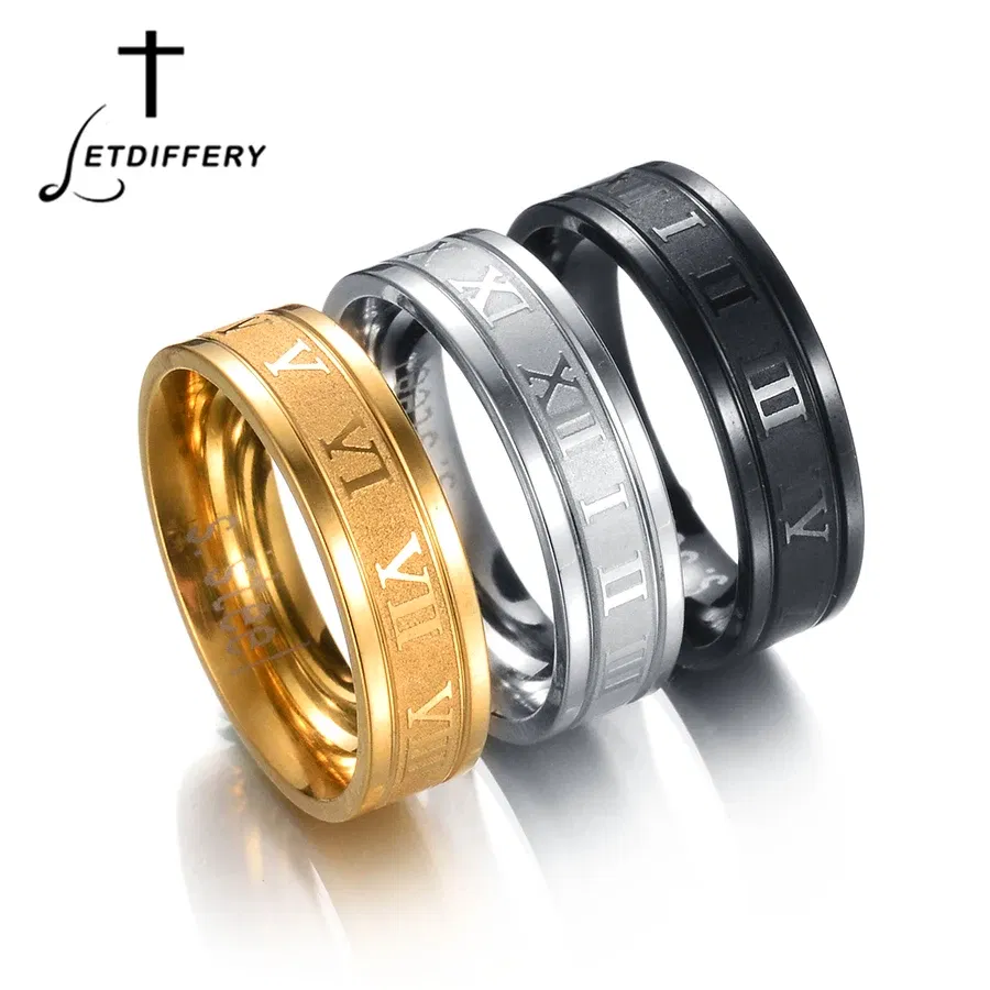 Main Stone Color: Green, Ring Size: 13 - Letdiffery 6mm Punk Roman Numerals Rings High Quality Stainless Steel Women Men Jewelry For Wholesale Dropshipping