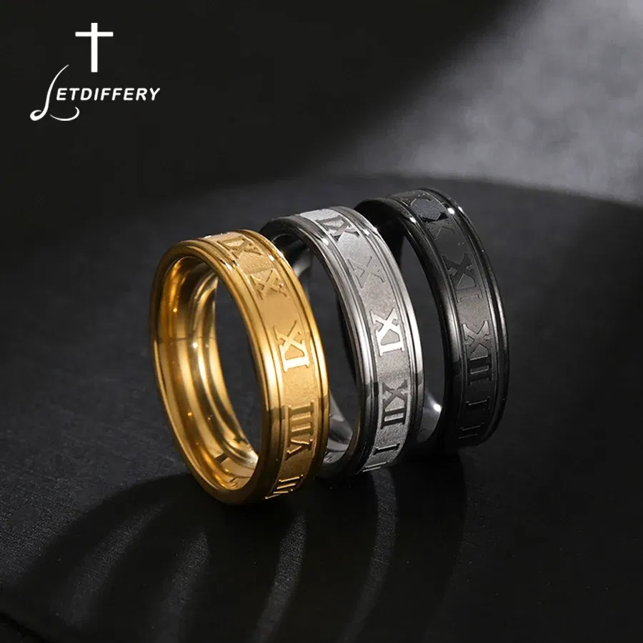 Main Stone Color: Green, Ring Size: 13 - Letdiffery 6mm Punk Roman Numerals Rings High Quality Stainless Steel Women Men Jewelry For Wholesale Dropshipping