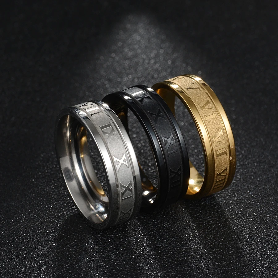 Main Stone Color: Green, Ring Size: 13 - Letdiffery 6mm Punk Roman Numerals Rings High Quality Stainless Steel Women Men Jewelry For Wholesale Dropshipping