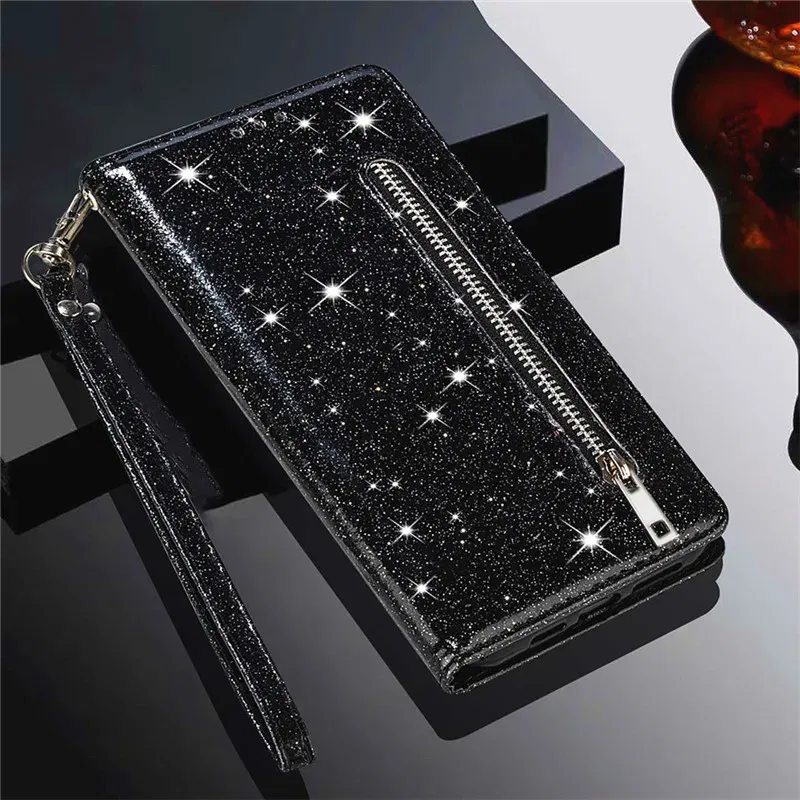 Color: black, Material: Acrylic - Zipper Flip Wallet Glitter Leather Case for iPhone 16 15 14 13 12 11 Pro Max XS XR 8 7 Plus SE 2022 Mini Bling Stand Phone Cover