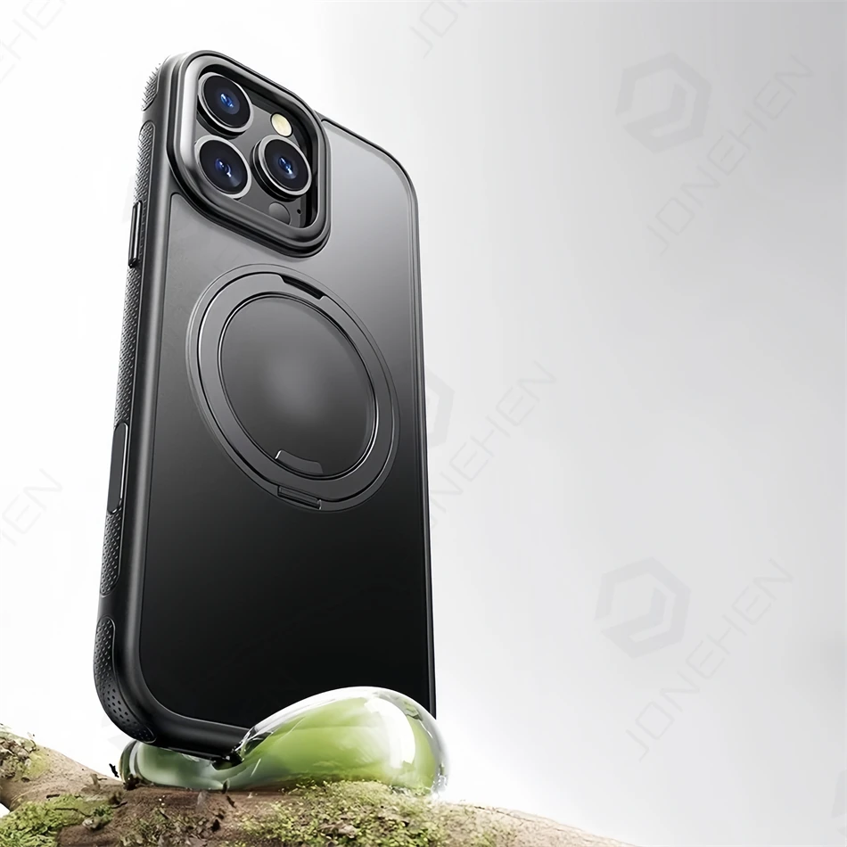 Color: Beige, Material: Vinyl - 360?° Rotation Ring Stand Magnetic Case For iPhone 13 14 15 16 17 Pro Max 16E Matte Military Shockproof Armor Cover For Magsafe